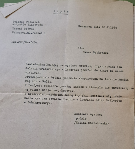 Sukces-wystawy-w-Londynie-1960-list-od-Haliny-Chrostowskiej