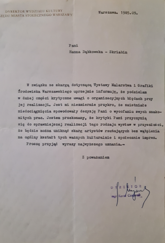 Wystawa-Malarstwa-i-Grafiki-Srodowiska-Warszawskiego-1985-wycofanie-sie-z-wystawy-odpowiedz-organizatora